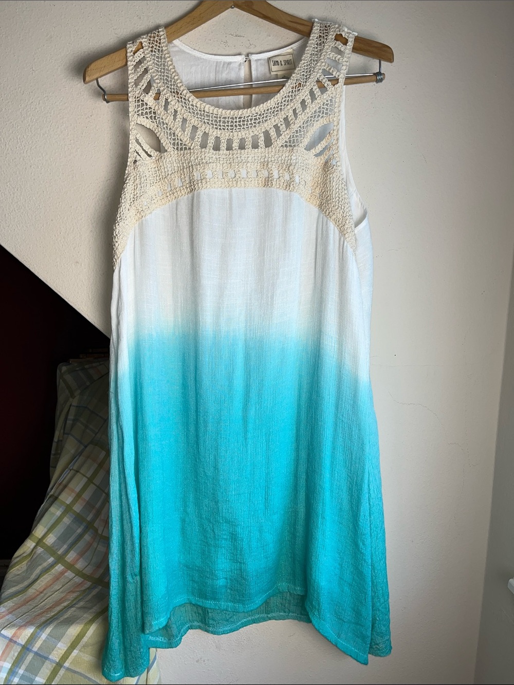 Sand & Spirit Crochet Gauze Dip Dyed white Turquoise Beach Dress XL